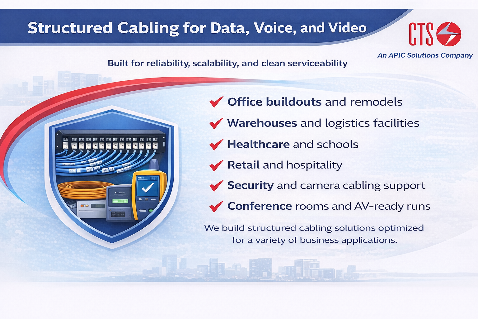 Structured Cabling for Data, Voice, and Video infographic listing common use cases: office buildouts and remodels, warehouses and logistics, healthcare and schools, retail and hospitality, security and camera cabling support, and conference rooms and AV-ready runs.